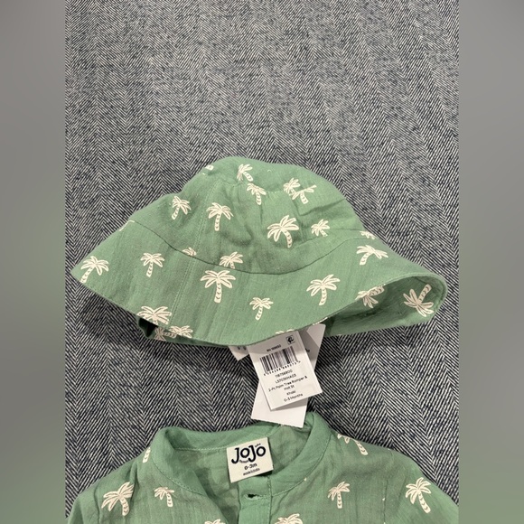 jojo maman bebe palm tree 2 piece cheesecloth romper-hat set | size 0-3 months - Picture 5 of 6